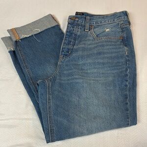 J. Crew women’s distressed, high-rise cuffed premium edition Straight Blue Jeans